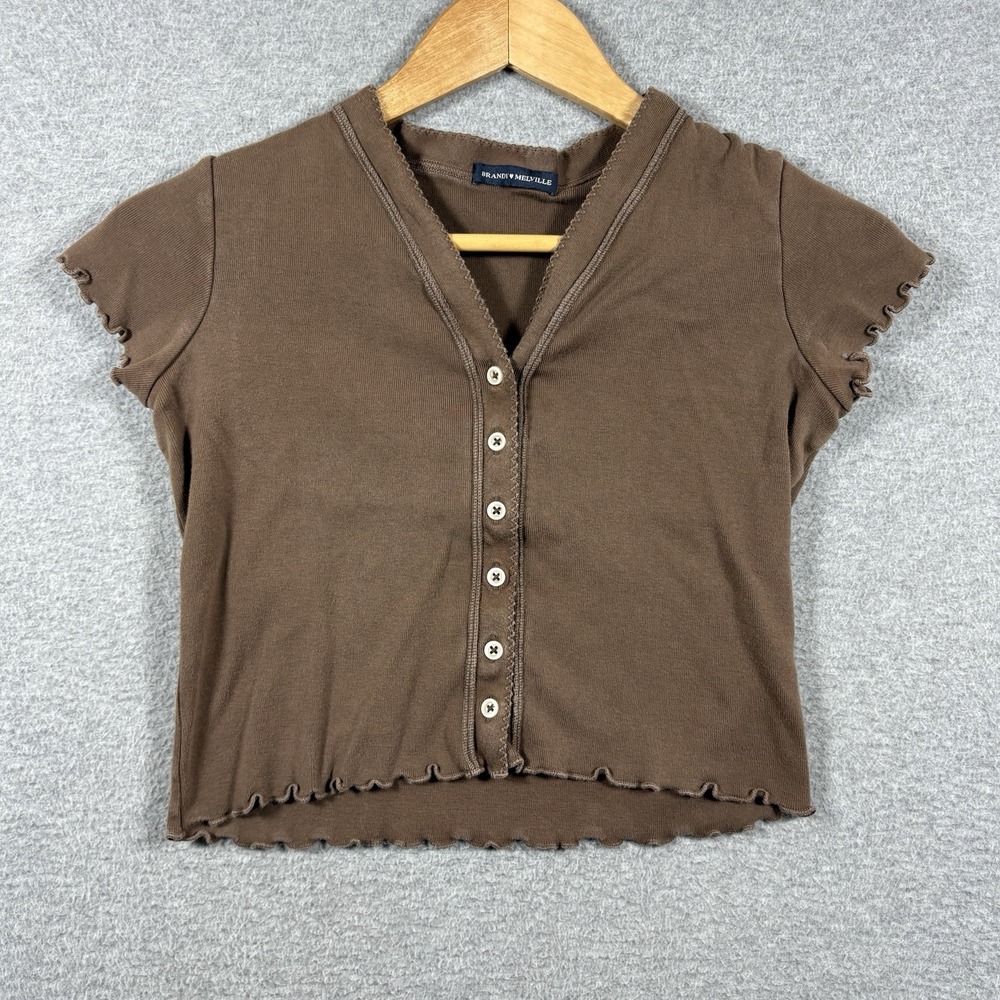 Brandy Melville Brown Short Sleeve Button Front Crop Top Lettuce Trim OS Boho